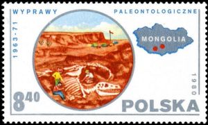 Tarbosaur excavation on stamp of Poland 1980