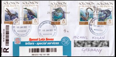 Registered letter sent from Solomon Islands to Germany in 2020 with stamp Water Dinosaur from 2013