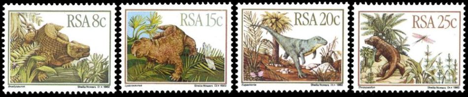 Prehistoric animals of Karoo formation on stamps of South Africa 1982