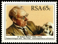 Paleontologist and Paleoanthropologist Dr. Robert Broom with Australopithecus skull on stamp of South Africa 1991
