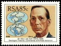 Dr. Alex du Toit and Continental Drifting on stamp of South Africa 1991