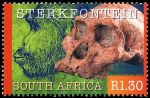 Fossilized skull and reconstruction of 'Sterkfontein' (Australopithecus) on stamp of South Africa 2000