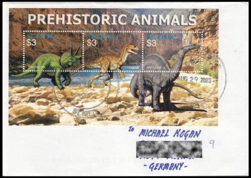 Regular letter from Saint Kitts, with stamps of prehistoric animals from 2005, sent to Germany