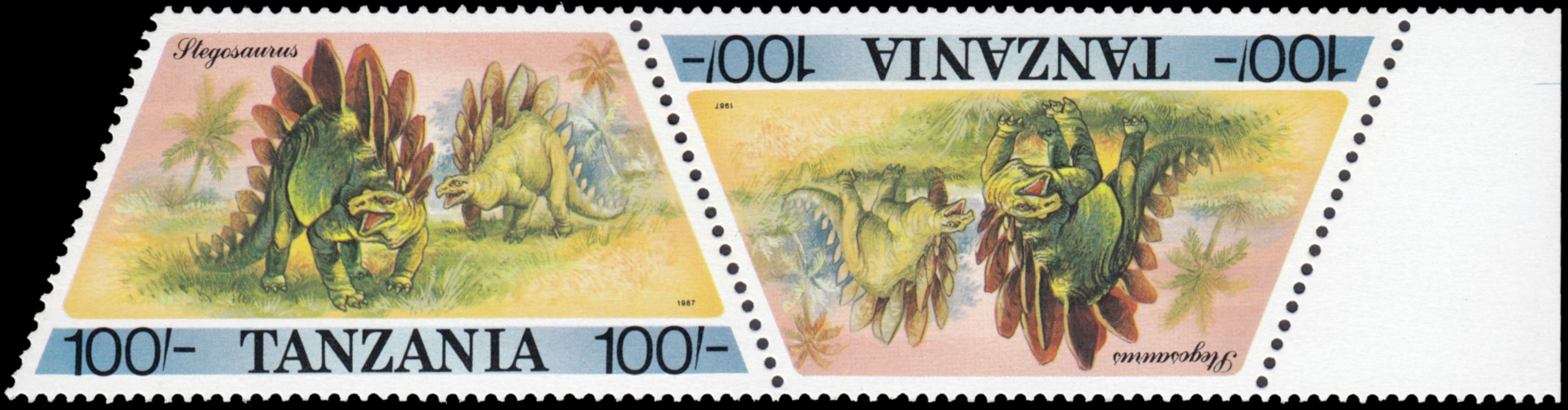 Stegosaurus dinosaur on stamps of Tanzania 1988