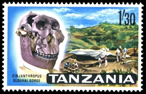 skull of Zinjanthropus and group of paleoanthropologists on stamp of Tanzania 1965