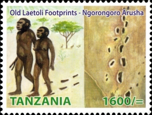 Laetoli hominids and their footprints on stamps of Tanzania 2014