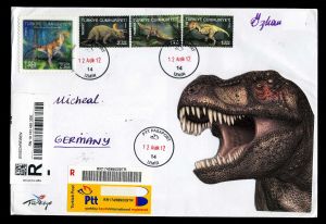 Regular and 3D Dinosaur stamps of Turkey 2012 on circulated letter