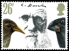Charles Darwin and finches on stamp of UK 1982