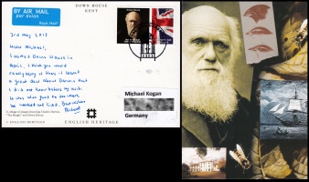 Charles Darwin and his home in Down House on stamp and postcard of English Heritage company of UK 2015