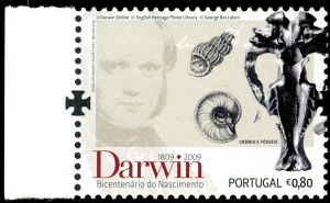 Charles Darwin and fossil of Toxodon's skull on stamp of Portugal 2009