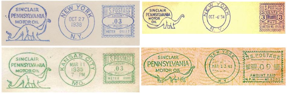 Brontosaurus on meter frankings of Sinclair company of USA 1930s-1940s