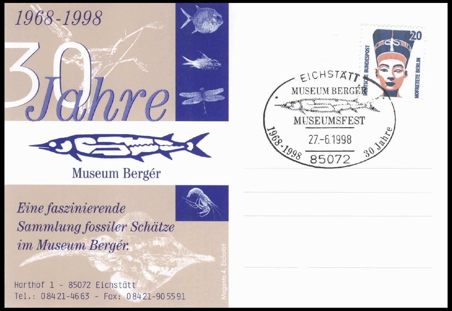 Prehistoric fish on commemorative postcard of fossil Museum Berger 1998