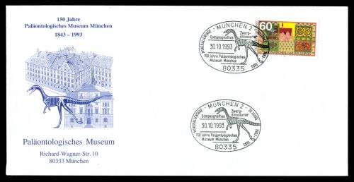 Compsognathus on the cachet and postmark of commemorative cover of Munich Paleontologic Museum from 1993