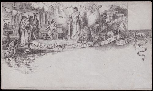 An illustrated envelope, engraved and published in 1850 by J. Valentine of Dundee for the Great Exhibition of the Works of Industry of All Nations in 1851