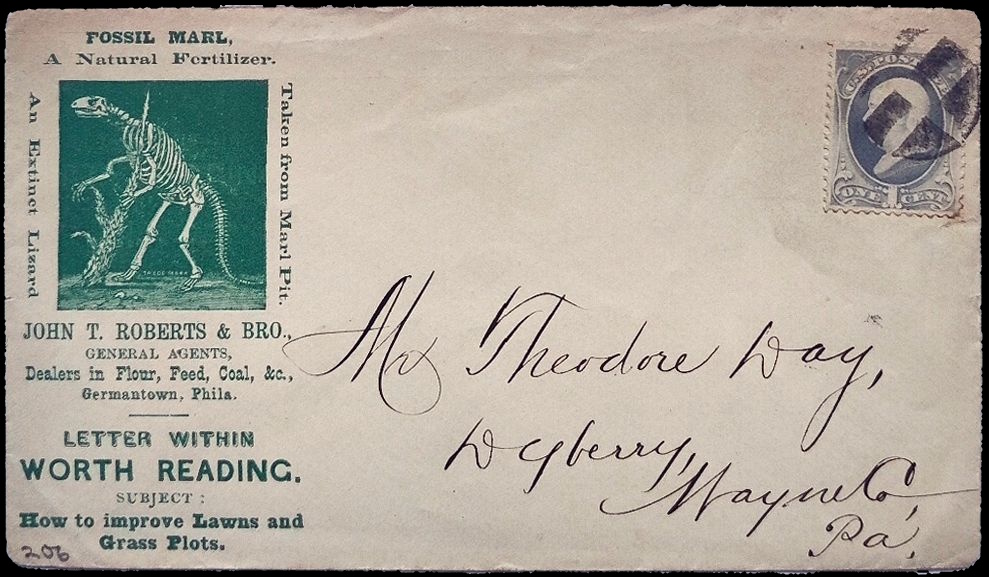 Hadrosaurus foulkii on a cachet of a U.S. advertising cover from the 1870s or 1880s. 