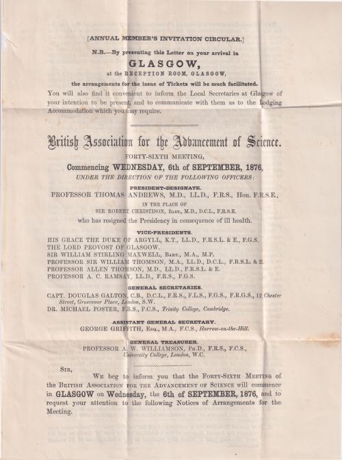 The invitation to the meeting of the British Association for the Advancement of Science in Glasgow in 1876