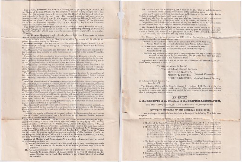 The text from the letter from the British Association for the Advancement of Science (BAAS) with invitation to meeting in Glasgow in 1876