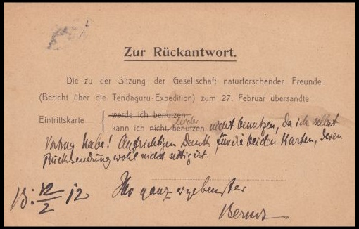 Answer card of Zoological Museum of Berlin from 1912