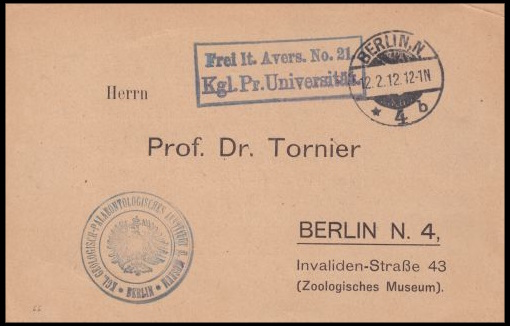 Answer card of Zoological Museum of Berlin from 1912