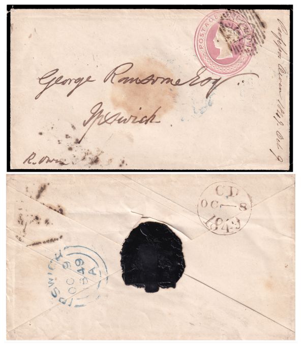 Mourning postal stationery, the Penny Pink, posted by Professor Richard Owen in October 1849