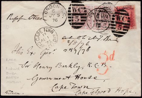 Letter sent by Richard Owen from the Britisch Museum to Henry Barkly in Cape Town in 1876