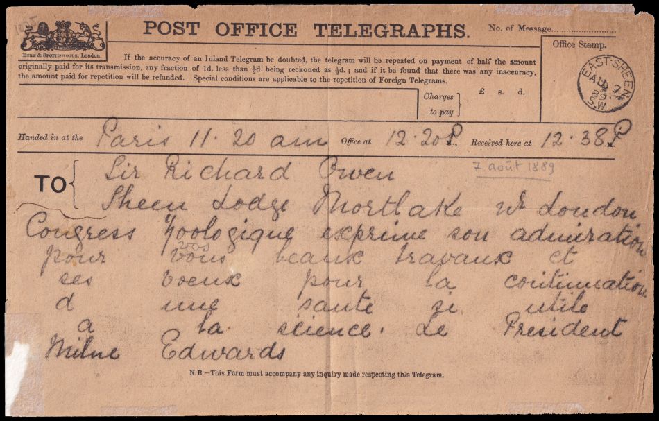 The Telegram from Alphonse MILNE EDWARDS to Sir Richard Owen, posted in 1889