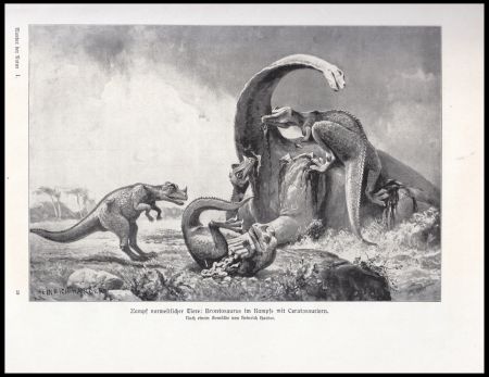 Fighting Brontosaurus with Ceratosaurus painting of Heinrich Harder from  Die Wunder der Natur encyclopedia, published in 1910