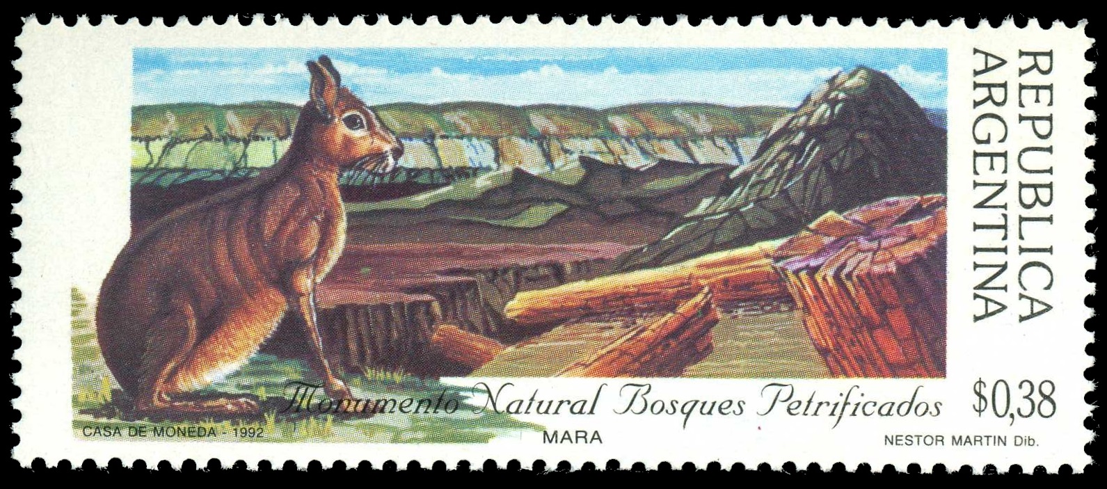 Landscape of the Monumento natural Bosques Petrificados on stamp of Argentina 1992
