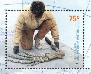 Scientist with Plesiosaur fin on stamp of Argetina 2001