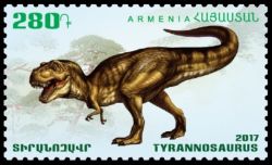 Tyrannosaurus on Flora and fauna of the ancient world stamps of Armenia 2017