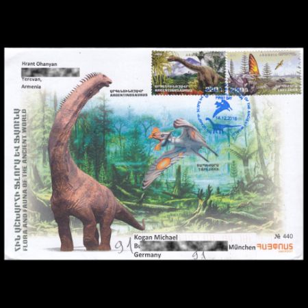 Tepejara and Argentinosaurus on Flora and fauna of the ancient world FDC of Armenia 2018