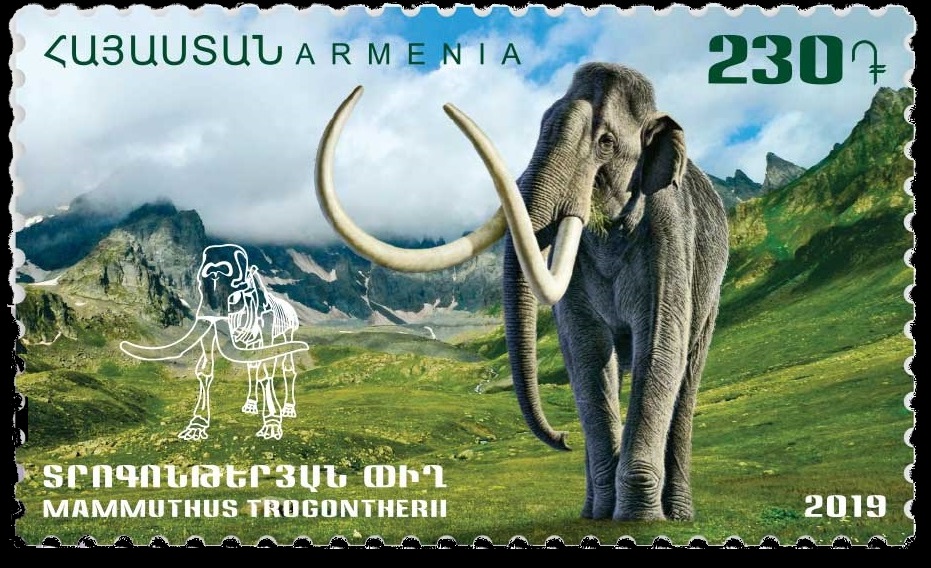 The steppe mammoth, Mammuthus trogontherii,  on stamp of Armenia 2019