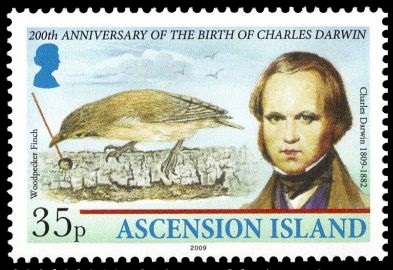 Charles Darwin and Woodpecker Finch on stamp of Ascension Island 2009