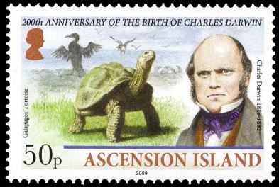 Charles Darwin and Galapagos Tortoise on stamp of Ascension Island 2009