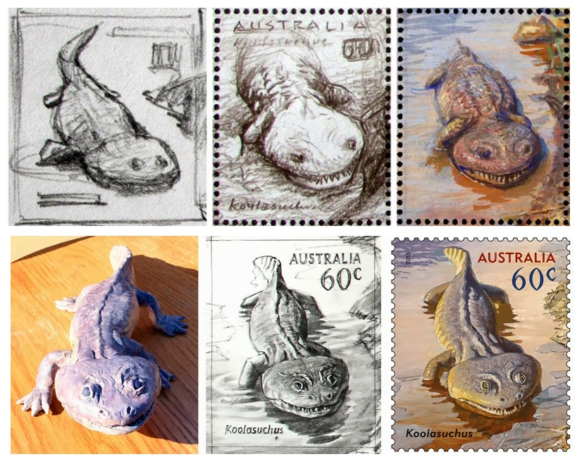 sketch of Koolasuchus stamp of Australia 2013