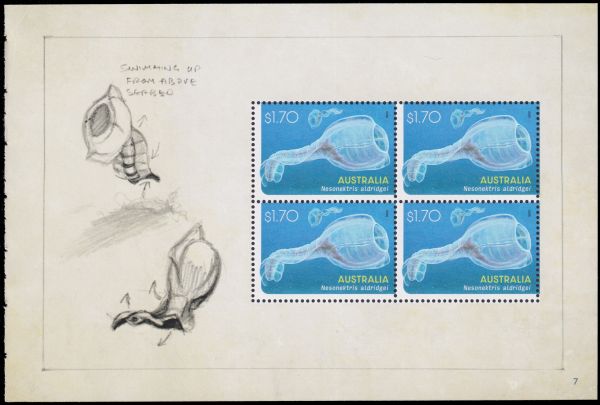 Nesonektris aldridgei on Creatures of the Palaeozoic panel of Prestige Booklet of Australia 2026