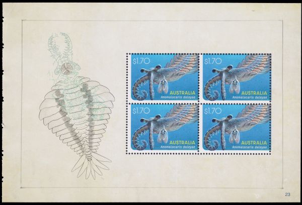 Anomalocaris daleyae on Creatures of the Palaeozoic panel of Prestige Booklet of Australia 2026