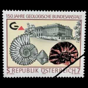 Ammonite and Gastropod on specimen stamp of Austria 1999, 150th Anniversary of the Federal Geological Institute