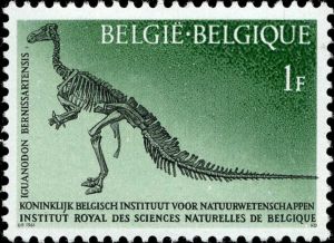 Fossil of Iguanodon on stamp of Belgium from 1966