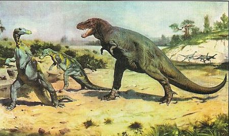 Trachodon and Tyrannosaurus painting of Zdenek Burian (1938)