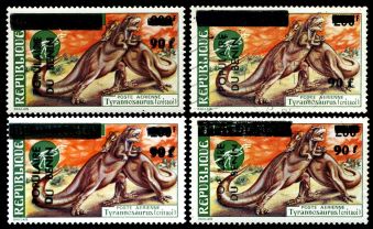 Overprinted stamp of Tyrannosaurus from prehistoric stamps set of Dahomey 1974