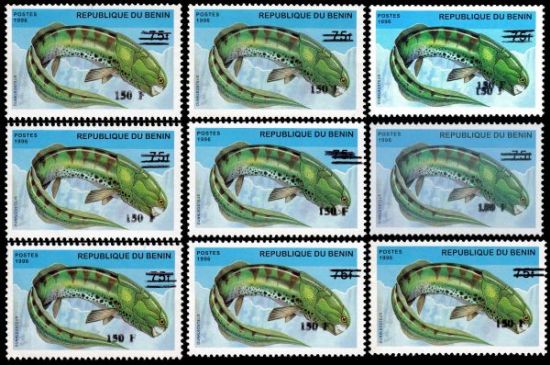 Surcharge variation of overprinted stamp of Dunkleosteus from prehistoric stamps set of Benin 1996