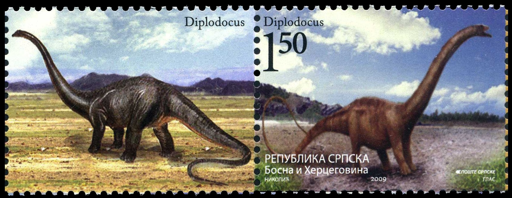 Diplodocus stamp with a tab from the middle of the Mini-Sheet of Bosnia Herzegovina 2009