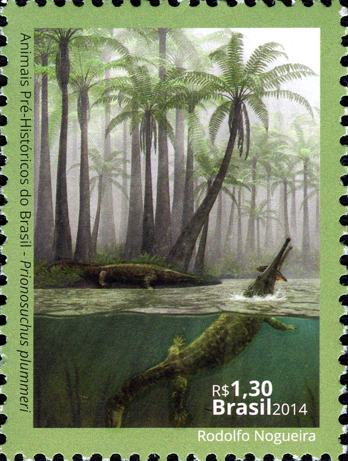 Prionosuchus plummeri and Psaronius on stamps of Brazil 2014