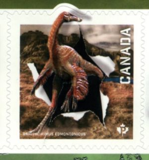 dinosaur Ornithomimus edmontonicus on stamp of Canada 2015