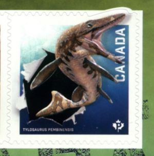 Giant mosasaur Bruce, Tylosaurus pembinensis,  on stamp of Canada 2015