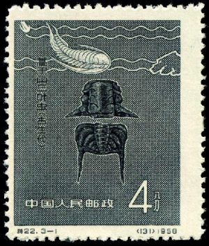 Trilobite Kaolishania pustulosa on stamp of China 1958