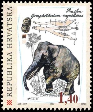 Prehistoric elephant Gomphotherium angustidents on stamp of Croatia 1997
