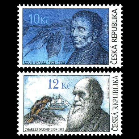 Charles Darwin and Louis Braille on personalities stamps of Czech Republic 2009