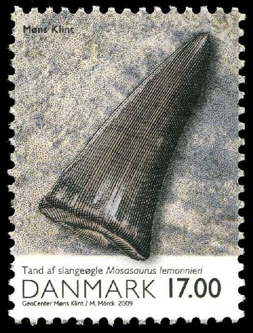 Mososaur tooth on stamp of Denmark